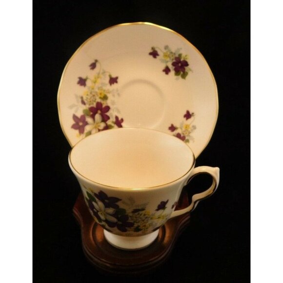 Royal Vale English Bone China Tea Cup Saucer With Violets Design Gold Trim - Picture 3 of 10